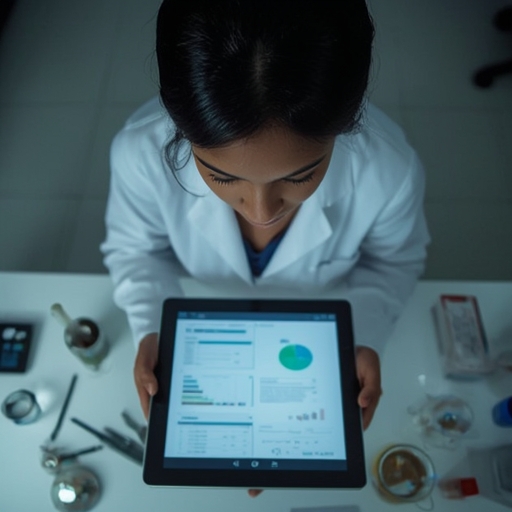 Laboratory professional reviewing a dashboard on a tablet.