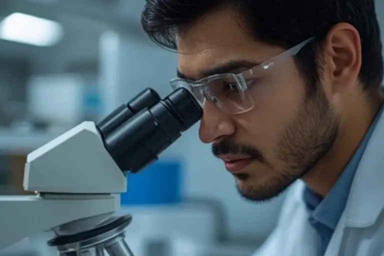 Laboratory professional using a microscope.