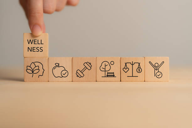 Wooden blocks illustrating wellness, fitness, nutrition, sleep, and mental well-being.